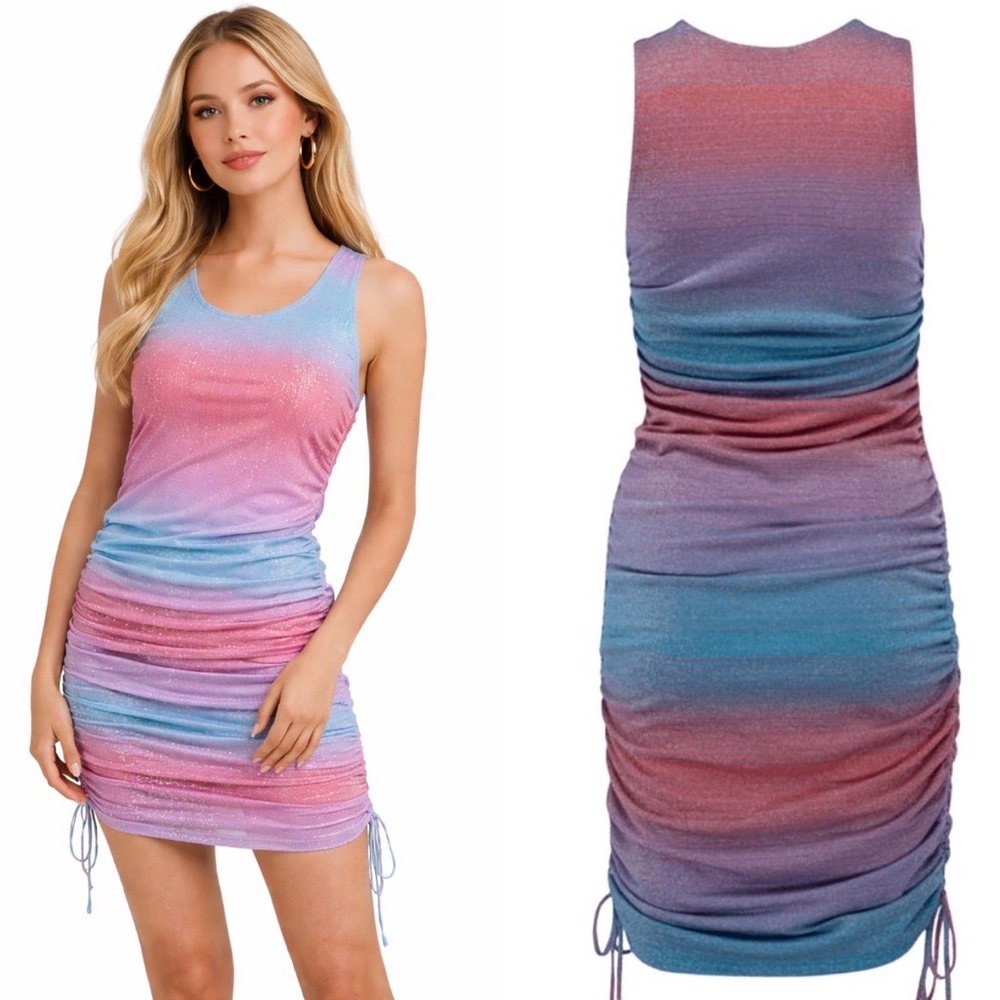 Le Superbe Baccarat Metallic Surf Stripe Tank Rush Dress Size L In Blue Pink